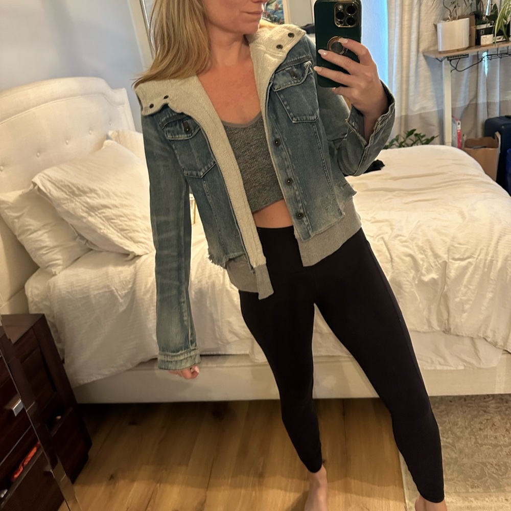 Free People - Blue Denim Jacket with attached Gray Hoodie
